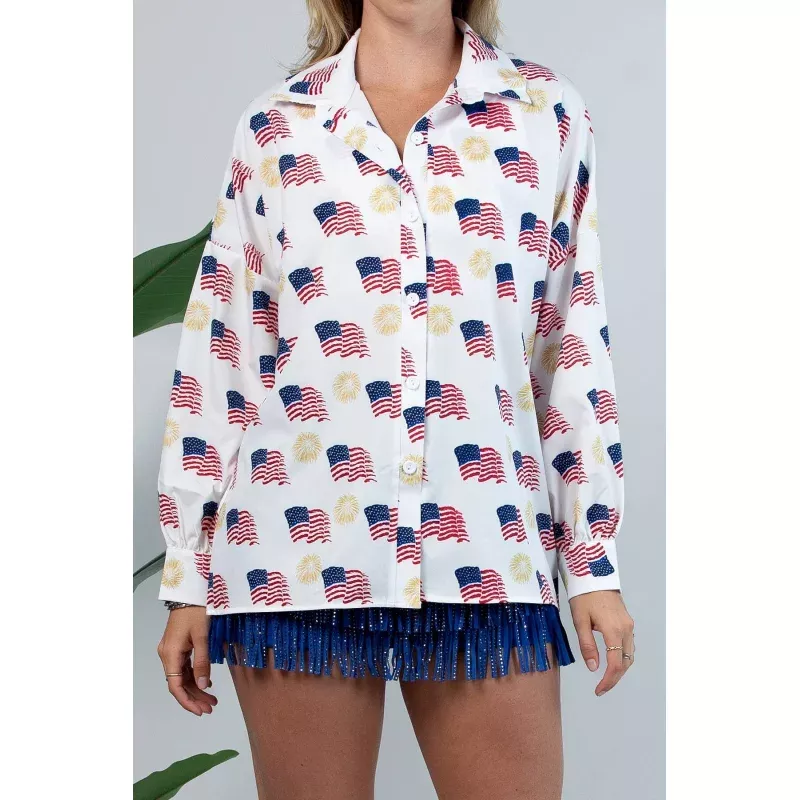 American Flag Print Collar Button Down Shirt- White White