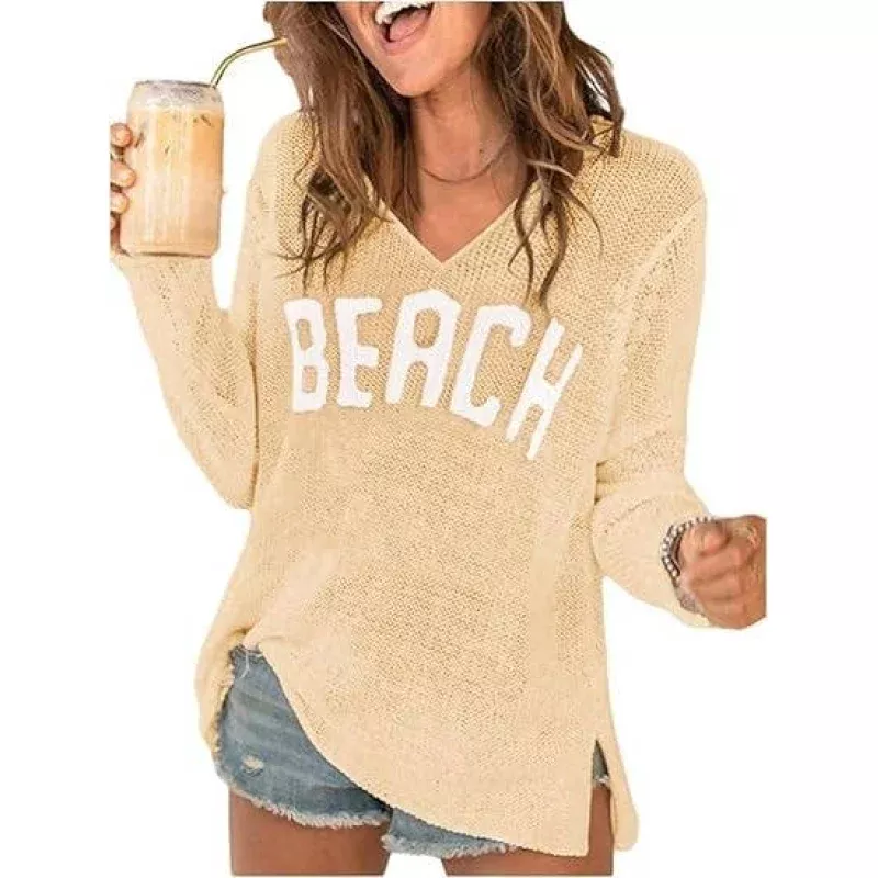 "Beach" V-Neck Hollow Knit Sweater Aqua