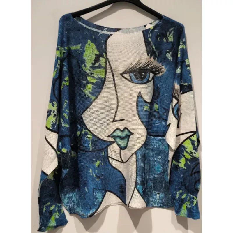 Blue Lady "PICASSO" Knit Printed Sweater Blue