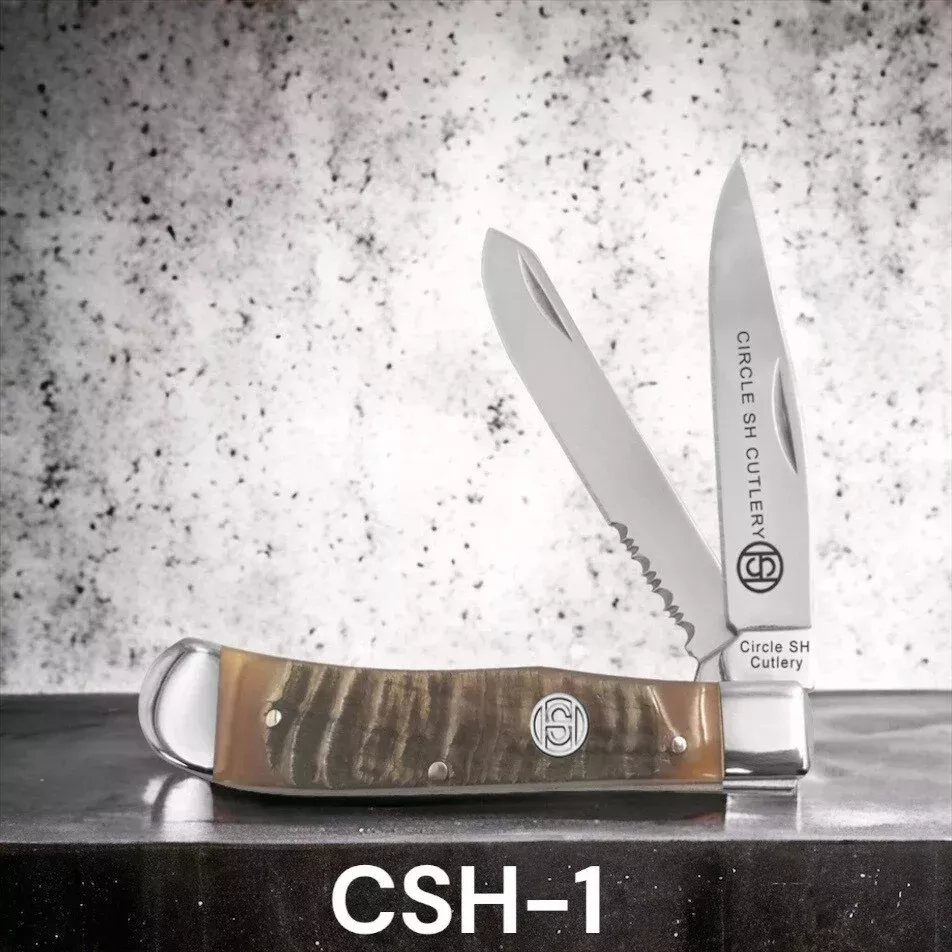 CIRCLE SH KNIFE FOLDER, 4 1/4″ CLOSED, RAM HORN SERRATED
