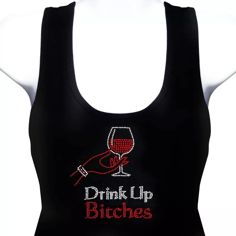 Drink Up Rhinestone Tank Top Black