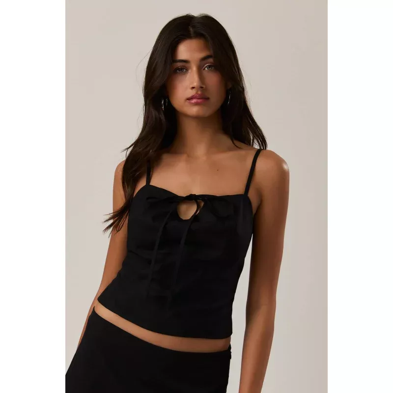Front Cut Out Detail Spaghetti Top-Black Black