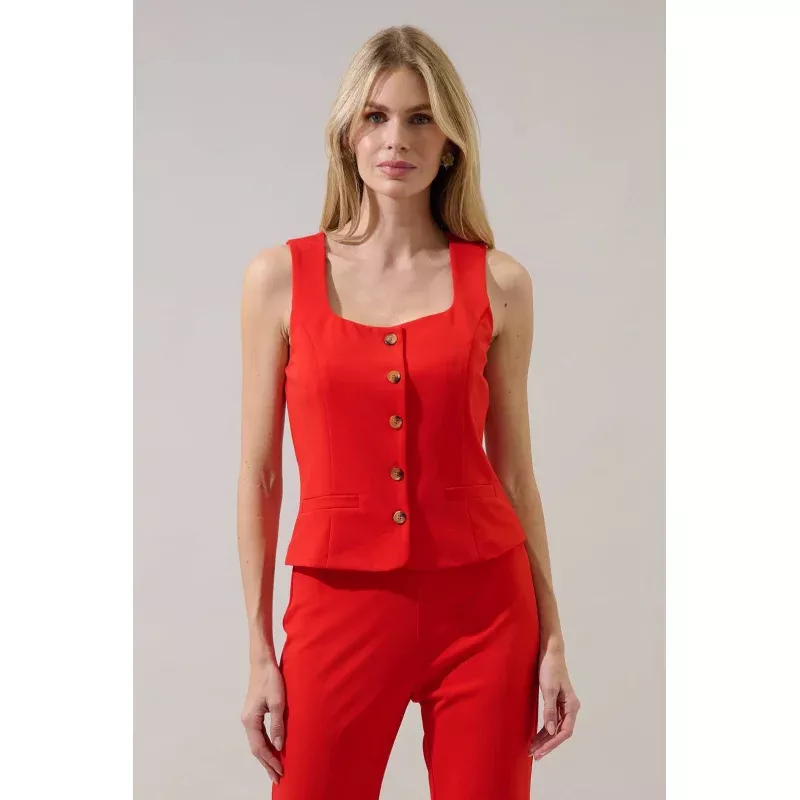 Hemary Button Down Sleeveless Top- Red Red