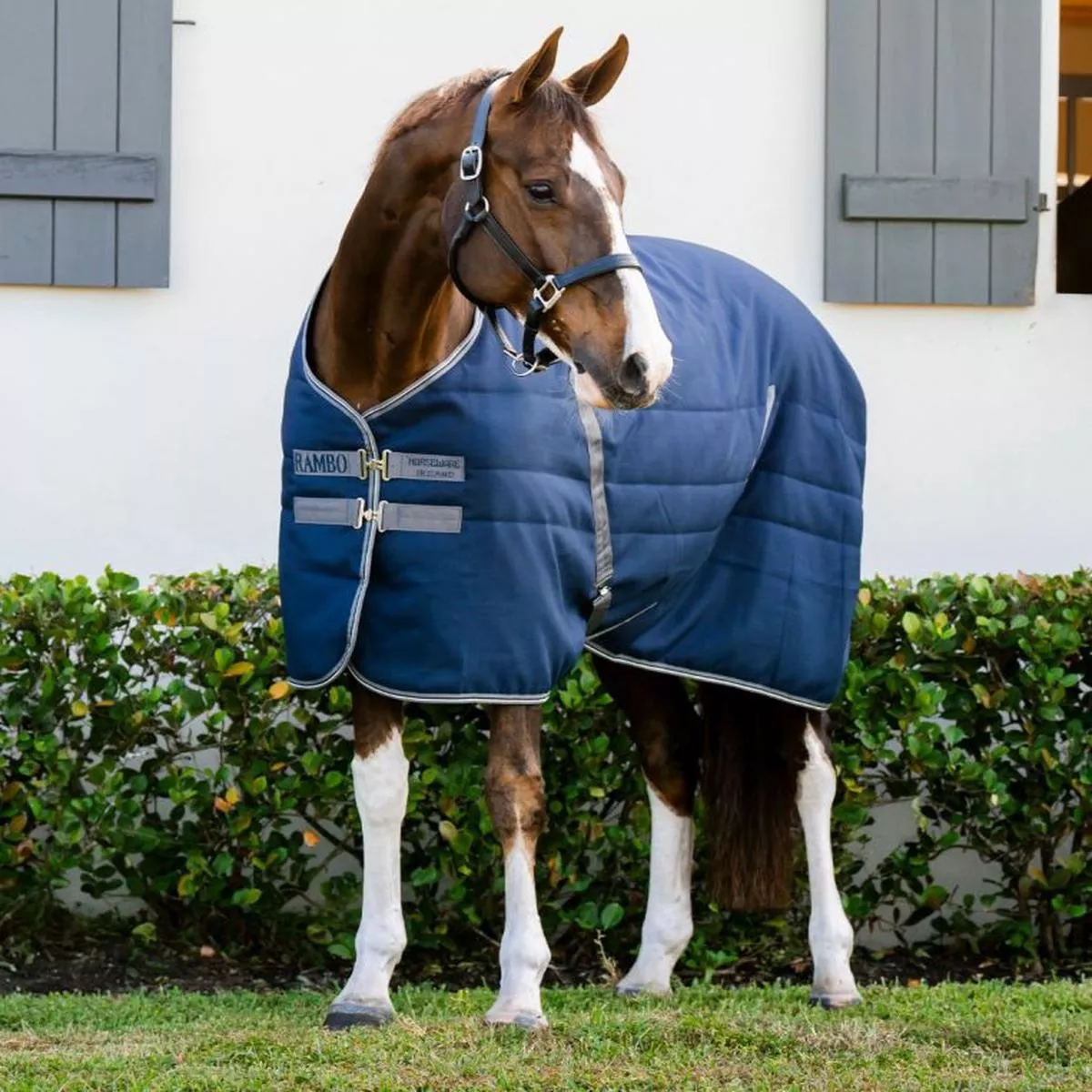 Horseware Rambo Stable Blanket with Embossed Lining (200g Medium) – Navy/Thunderstorm Grey & Silver | 78″