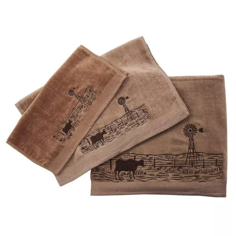Jasper Embroidered Windmill Landscape Towel Set Mocha