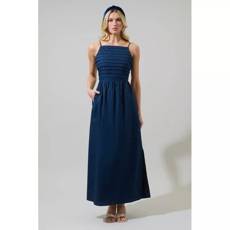 Joyce Pleated Maxi Dress Navy