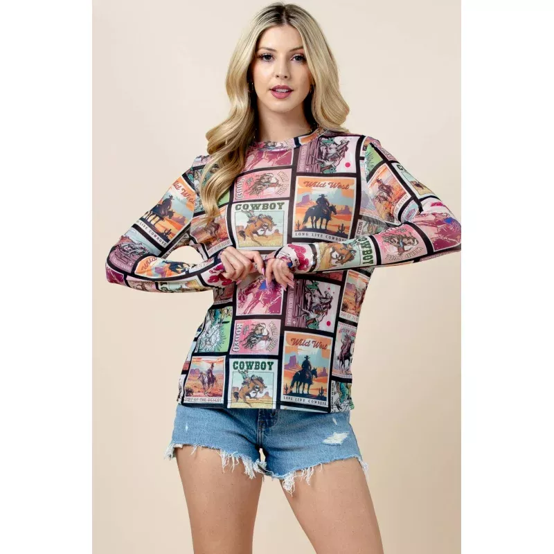 Karen Rodeo Wild Mesh Print Top Multi