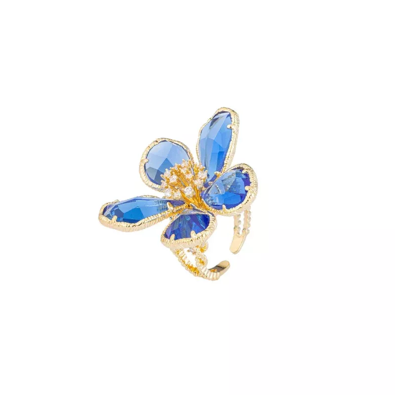 Kobal CZ Crystal Flower Adjustable Ring - Blue