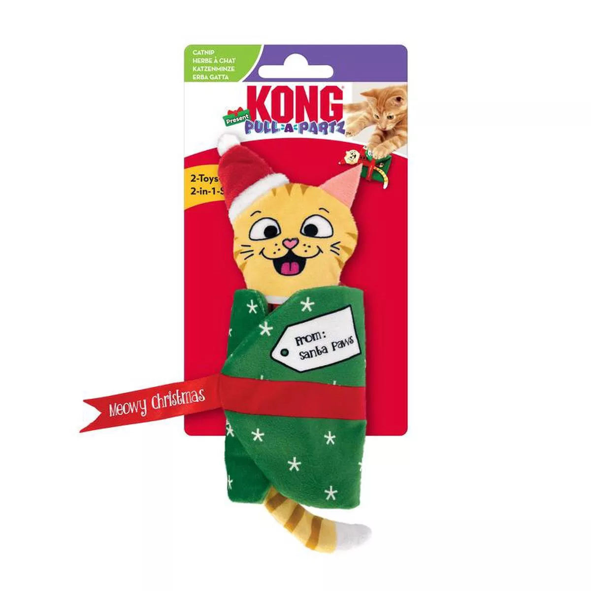 KONG Holiday Pull-A-Partz Present Cat Toy, Red/Green