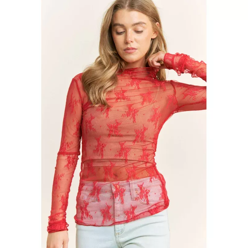 Mesh Lace Design High Neck Long Sleeved Fitted Top Black