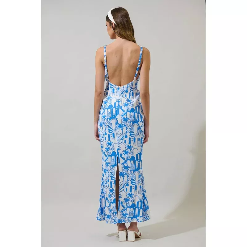 Nala Mizie Open Back Maxi Dress White/Blue