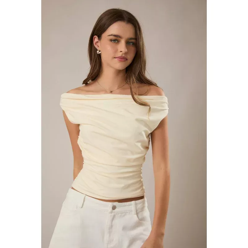 Off the Shoulder Top with Ruching Light Yellow