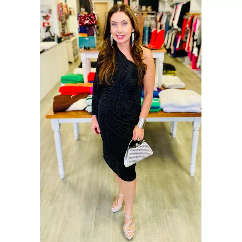 One Shoulder Bell Sleeve Dress - Black Black