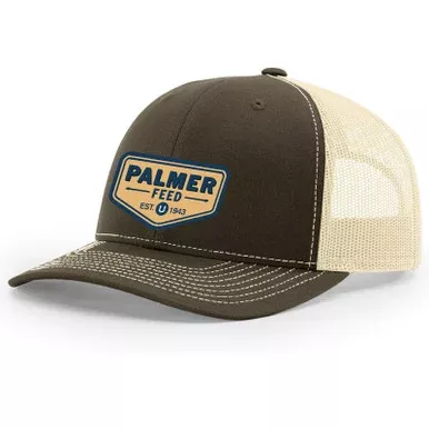 PALMER’S TRUCKER CAP KHAKI MESH/COFFEE BROWN FRONT, CHEVRON BLUE LOGO PATCH
