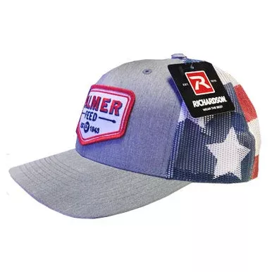PALMER’S TRUCKER CAP PATRIOT MESH/HEATHER GREY FRONT, CHEVRON RED LOGO PATCH