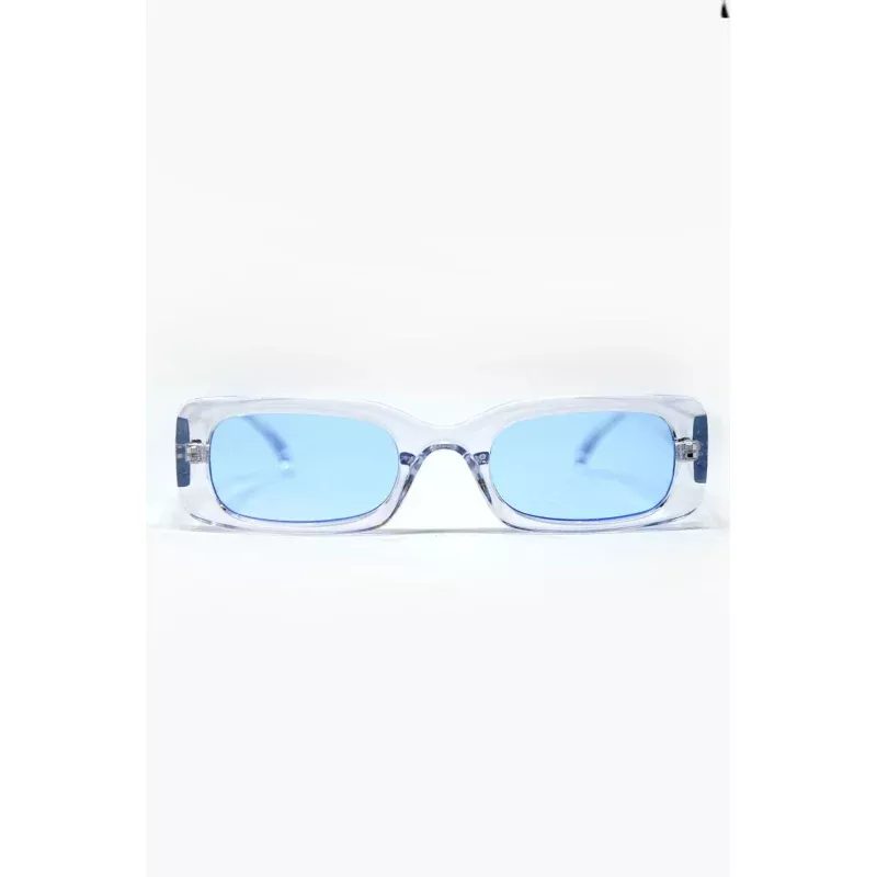 The Q2 Rectangular Sunglasses with Blue Lenses- Clear Clear