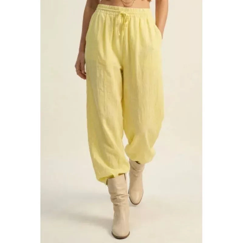 The Q2 Wide Leg Sheer Drawstring Pants- Yellow Yellow